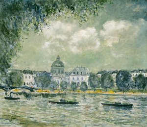 Landskap langs Seinen med Institut de France og Pont des Arts, ca. 1875. av Alfred Sisley