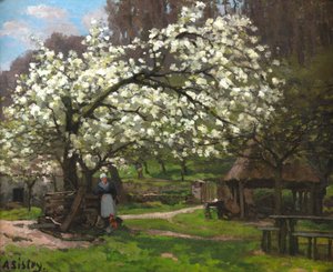 Vår, bondekvinne under blomstrende trær Vår, bondekvinne under..., ca. 1865. av Alfred Sisley