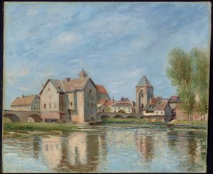 Broen og møllene til Moret sur Loing, 1892 av Alfred Sisley