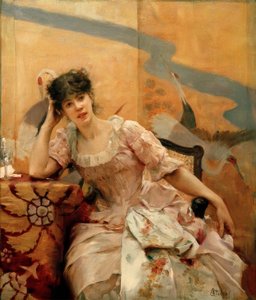 A.Stevens, Ung kvinne og japansk skjerm av Alfred Emile Stevens