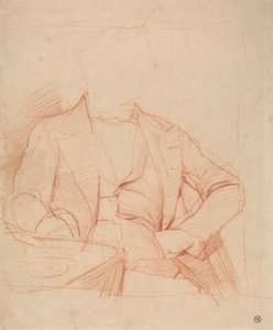 Studie for Portrait of Mr. Coleman: sittende foran, venstre hånd på hoften, høyre arm på bordet av Alfred Emile Stevens