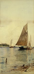 Tørking av seilene, Oyster Boats, Patchogue, Long Island, av Alfred Thompson Bricher
