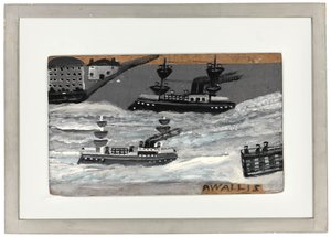 Kanonbåter i krigstid (olje på panel) (se også 1074078) av Alfred Wallis