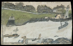 Havnescene med slott og fyrtårn (blyant og olje på kort) av Alfred Wallis