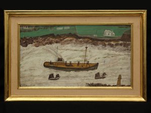 Tre båter mellom fyret og kysten, ca. 1930 (olje på kort)