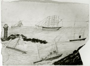 Tre seilskip, to dampskip og Godrevy fyrtårn, ca. 1935-38 (olje og blyant på kort) av Alfred Wallis