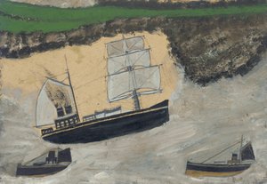 Tre dampbåter (olje og blyant om bord) av Alfred Wallis