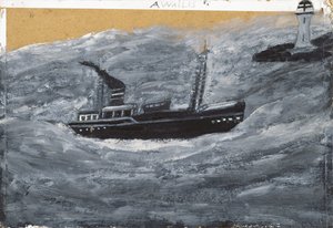 Tråler og brygge (olje på kort) av Alfred Wallis