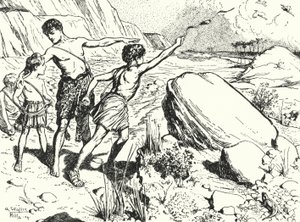 Hannibal og brødrene hans lærer å kaste steiner med en slynge av Alfred Wallis Mills