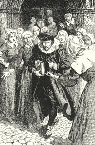 Den skotske presten William Annand fordømt av kvinnene i Edinburgh for å ha forkynt fra den nye bønneboken i St Giles Cathedral, 1637 av Alfred Wallis Mills