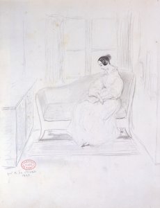 George Sand (1804-76), leste på en sofa ved siden av et vindu, 1833
