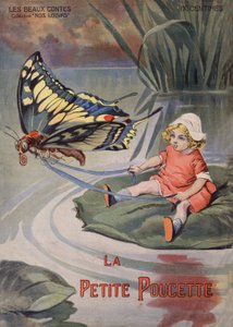Den lille tommelen. En bitteliten jente som sitter på en vannlilje trekker etter en sommerfugl. Fortelling av Hans Christian Andersen (1805-1875). Illustrasjon av Vaccari og Carrey i "" Les beaux tales"" samling "" Nos loisirs""" rundt 1910. Privat samling