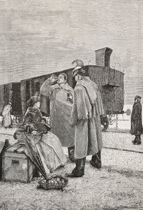 Five Minutes Stop, to menn som står ved et tog slutter å drikke og spise, gravering fra et maleri av Alfredo Luxoro (1859-1918), fra L
