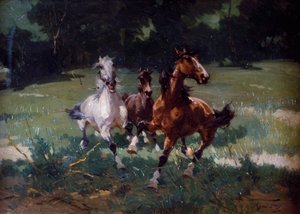 Running Horses, maleri av Alfredo Tominz (1854-1936), olje på papp, 67x48 cm, Italia