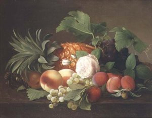 Stilleben med ananas, fersken, plommer og druer av Alfrida Vilhelmine Ludovica Baadsgaard