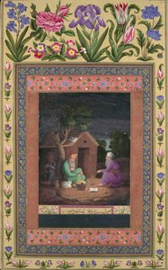 Two Old Men in Discussion Outside a Hut, Folio fra Davis Album, A.H.1085A.D.1674-75. av Ali Quli Jabbadar