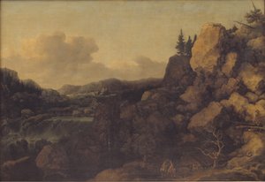 Fjelllandskap med et par ryttere i forgrunnen av Allaert van Everdingen
