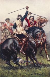 Kamp mellom en Ironside og en Cavalier (farge litho) av Allan (after) Stewart