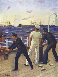 Midtskipsmann Reginald Himbury bistår skytterne til klanen McTavish i kampen med den tyske raideren Moewe av Allan (after) Stewart