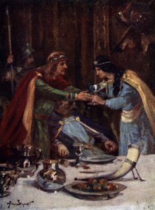 Forgiftning av kong Aethelbert II av East Anglia av Cynethryth, kona til Offa II av Mercia, 794 (farge litho) av Allan (after) Stewart