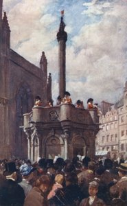 En kongelig erklæring fra Mercat Cross (farge litho) av Allan Stewart