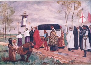 Burial of St Hugh, illustrasjon fra 'Childrens Tales of English Minsters', ca. 1920 (farge litho) av Allan Stewart