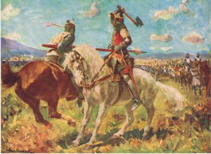 Kampen mellom kong Robert the Bruce og Sir Henry de Bohun ved Bannockburn (farge litho)