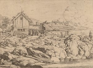 Båt ved en elvebredd med tre geiter, sannsynligvis ca. 16451656. av Allart van Everdingen