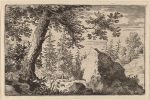 Boulder in the Woods av Allart van Everdingen