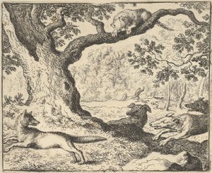 Etter Renards falske historie, blir hans far jaget av jakthunder fra Hendrick van ..., 1650-75. av Allart van Everdingen