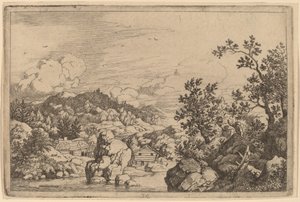 Stor stein som rager ut fra en elv, sannsynligvis ca. 16451656. av Allart van Everdingen