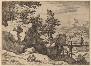 Mann på en liten trebro, sannsynligvis ca. 16451656. av Allart van Everdingen