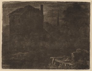 Nattlandskap med hus- og kirkespire, trolig ca. 1660. av Allart van Everdingen