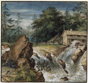 Nordisk landskap med en tegner ved en foss av Allart van Everdingen