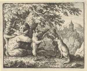 På løvens ordre, et stykke hud er tatt fra bjørnen, et stykke av forpotene..., 1650-75. av Allart van Everdingen