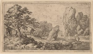 Spiss steinblokk ved bredden av en elv, sannsynligvis ca. 16451656. av Allart van Everdingen