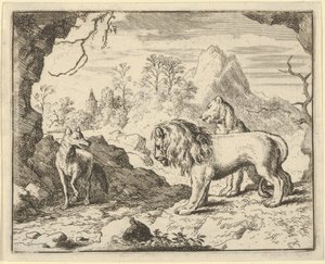 Renard overbeviser løven og løvinnen om å finne en skatt faren stjal fra dem ..., 1650-75. av Allart van Everdingen