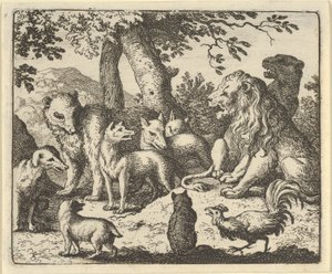 Renard frikjenner seg selv for sine forbrytelser før løven, 1650-75. av Allart van Everdingen
