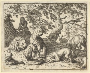 Renard anklager falskt sin far for å ha konspirert mot løven, 1650-75. av Allart van Everdingen