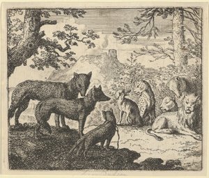 Renards foreldre ber om å få trekke seg tilbake fra hoffet, fra Hendrick van Alcmars «Renard reven» av Allart van Everdingen