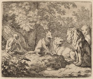 Reynard forteller en historie om skjulte skatter, sannsynligvis ca. 16451656. av Allart van Everdingen