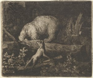 Bjørnen med snuten og forpotene fanget i stammen på et tre, midten av 1600-tallet. av Allart van Everdingen