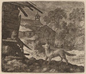 Katten går inn i låven mens Reynard ser på, sannsynligvis ca. 16451656. av Allart van Everdingen