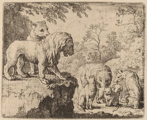 Løven benåder Reynard før de andre dyrene, sannsynligvis ca. 16451656.