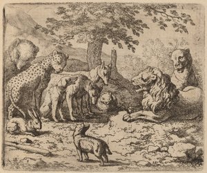 Løven søker råd, sannsynligvis ca. 16451656. av Allart van Everdingen