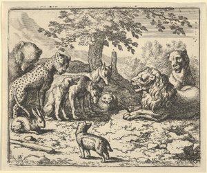 Løven tar råd fra de andre dyrene for Renards straff, 1650-75. av Allart van Everdingen