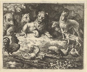 Hanen anklager Renard for å ha myrdet kyllingen sin, 1650-75. av Allart van Everdingen