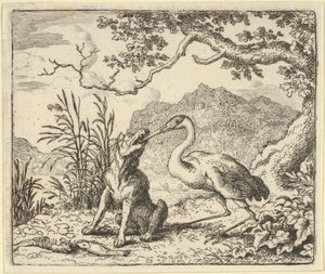 Storken fjerner et bein fra ulvens hals fra Hendrick van Alcmars Renard The F..., 1650-75. av Allart van Everdingen