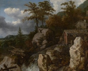 Foss med tømmerhytter av Allart van Everdingen