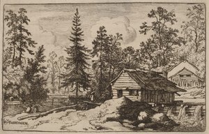 Kvinne i et elvelandskap som ser mot en båt av Allart van Everdingen